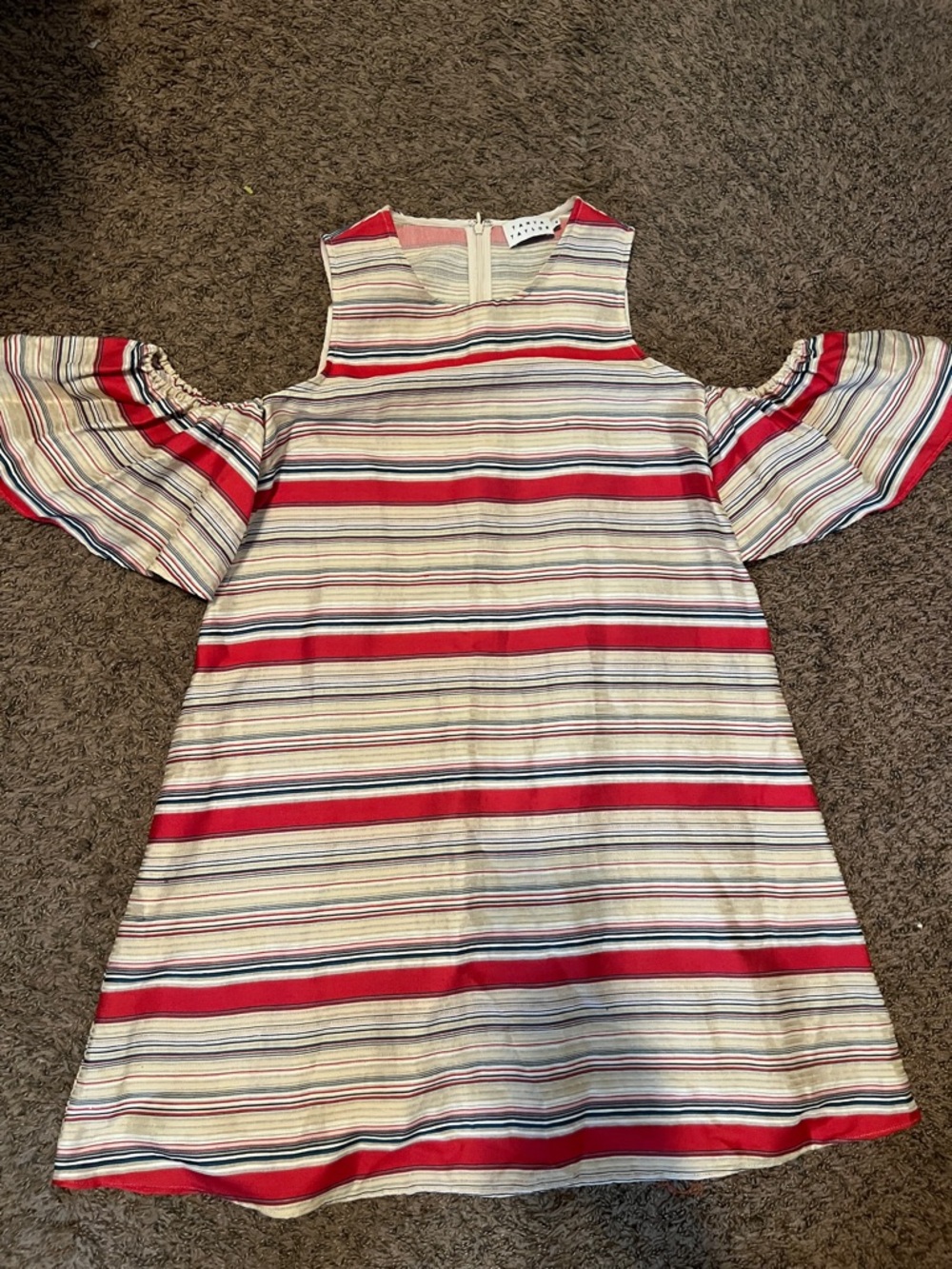 Tanya Taylor Red and Multicolor Striped Cold-Shoulder Dress